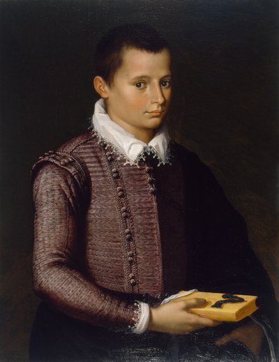Portrett av en gutt som holder en bok (olje på lindepanel) av Italian School
