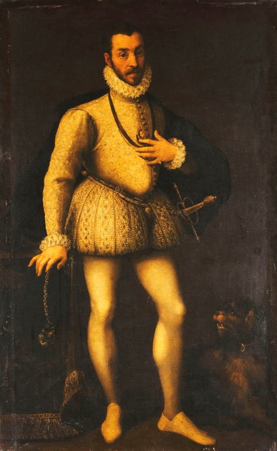 Portrett av en gentleman, i full lengde, iført en brodert hvit jerkin, en kappe og et sverd, ca. 1580 av Italian School