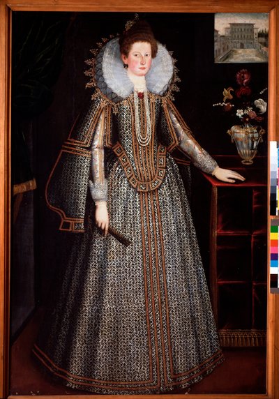 Portrett av en dame fra den florentinske adelen Derriere henne en representasjon av Pitti-palasset, hun er kledd i en rikt paree-kjole og en jordbærkrage i et charettehjul (Portrett av en florentinsk dame med et vognhjul og en rikt utsmykket dr. av Italian School
