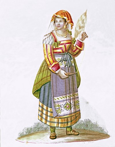 Portrett av en ung kvinne fra Pietracanale i regionen Abruzzo, i tradisjonell kjole, Italia - (Ung kvinne fra Pietracanale, Abruzzo) Akvarell Museo Nazionale di San Martino Napoli fra 1800-tallet av Italian School