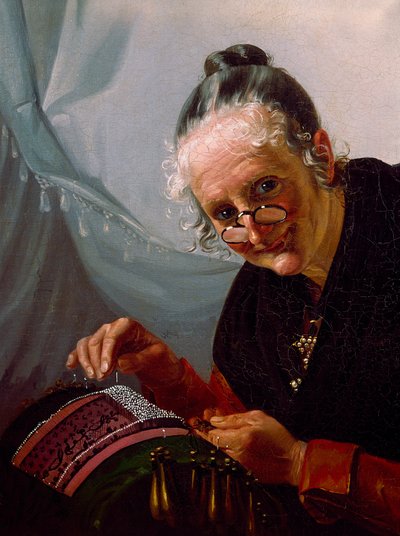 Portrett av blonder En gammel kvinne smiler med et par lorgnoner foran arbeidet sitt. Maleri av den venetianske skolen. Venezia fra 1800-tallet, Correr-museet av Italian School