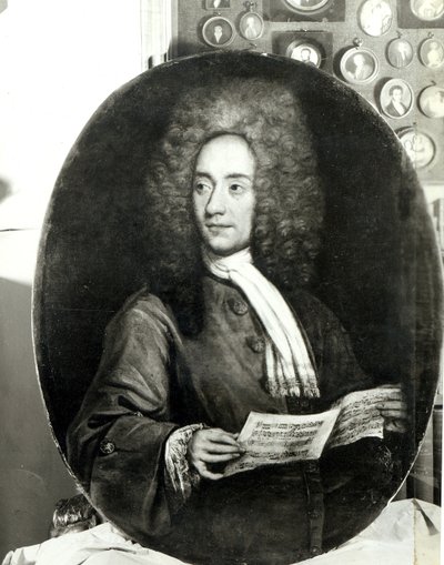 Portrett av komponisten Tomaso Giovanni Albinoni (1671-1751) holder et partitur av Italian School