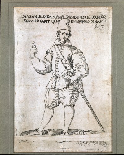 Portrett av den napolitanske fiskeren og revolusjonære Masaniello (1623-1647) (Portrett av Masaniello, napolitansk fisker og leder av opprøret mot Habsburg-styret i Napoli i 1647) Gravering av Museo Nazionale di San Martino Napoli fra 1600-tallet av Italian School