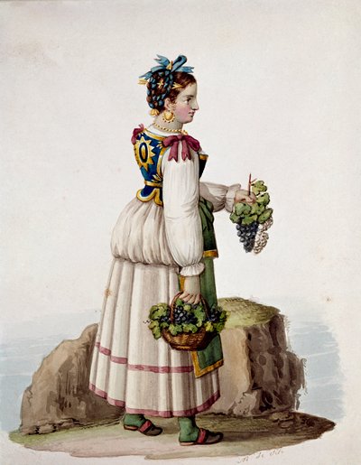 Portrett av ung kvinne fra Capri, i tradisjonell kjole, holder druer - (gammel handel: ung kvinne fra Capri, holder druer) Akvarell Museo Nazionale di San Martino Napoli fra 1800-tallet av Italian School