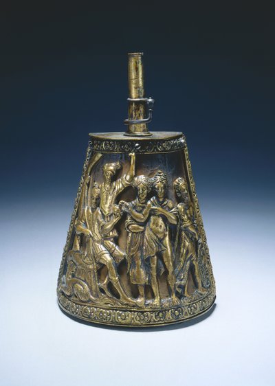 Pulverkolbe, ca. 1590 (forgylt messing over stoffdekket tre) av Italian School