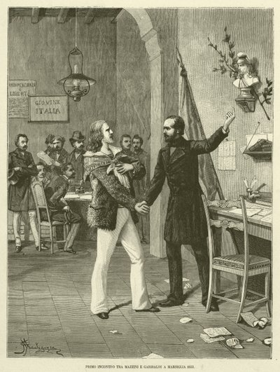 Første møte mellom Mazzini og Garibaldi i Marseille 1833 (gravering) av Italian School