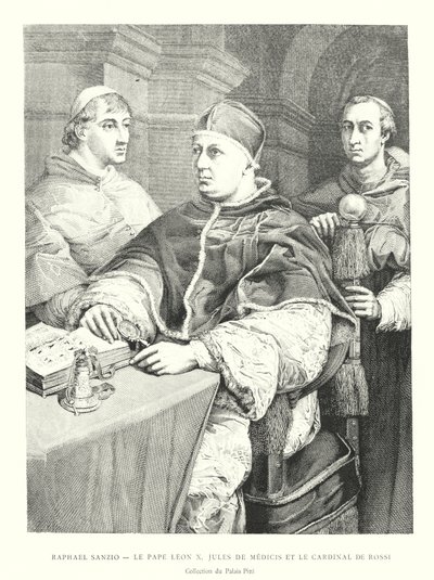 Raphael Sanzio, Le Pape Leon X, Jules de Medici og kardinal de Rossi, Collection du Palais Pitti (gravering) av Italian School