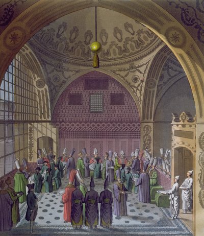 Mottakelse av de vestlige ambassadørene av sultanens storvesir i Konstantinopel, ca. 1820 (fargegravering) av Italian School