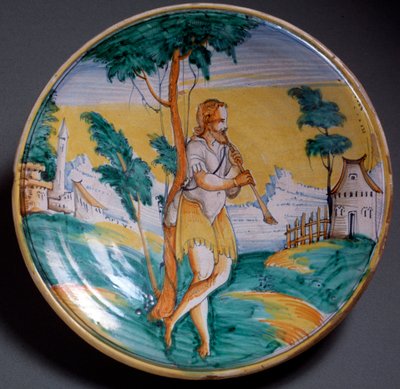 Renessansekunst: platedekorert av en fløytespiller (En fløytespiller) - Produksjon fra slutten av 1500-tallet av Viterbo (Viterbo), Italia Firenze, Museo Nazionale del Bargello av Italian School