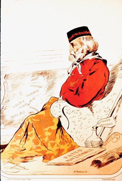 Representasjon ved medlemmer av den parlamentariske retten til Risorgimentos helter og italiensk patriot Giuseppe Garibaldi (1807-1882) i 1874. Tegning. Roma, Museo del Risorgimento av Italian School