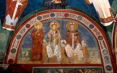 Representasjon av Saint Stephen, kristen martyr, Saint Thomas Becket (1118-1170), erkebiskop av Canterbury og Saint Nicholas av Myra eller Bari (270-345) Anonym fresco (1200-tallet) Nedre kirke. Klosteret Saint Benedetto (Sacro Speco), Subiaco (Rom av Italian School