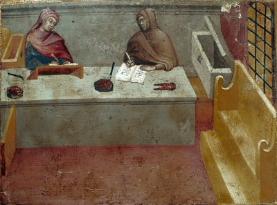 Representasjon av en kameralingvist, assistent for en kopist Anonymt maleri på tre av en Biccherna (omslaget til regnskapsregisteret til byen Siena) 1388. Siena Archivio di Stato, Italia av Italian School