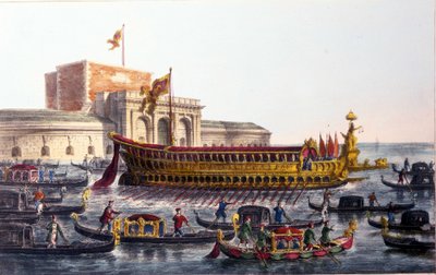 Representasjon av Bucentaur. (Bucentoro) På Kristi himmelfartsdag krysset dogen Venezia-lagunen for å nå munningen av det åpne hav ombord på et skip kalt Bucentaur. av Italian School