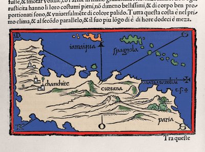 Representasjon av de karibiske øyene og kysten av Venezuela. Isolario (kart over øyer) av Benedetto Bordone. Venezia 1547 av Italian School