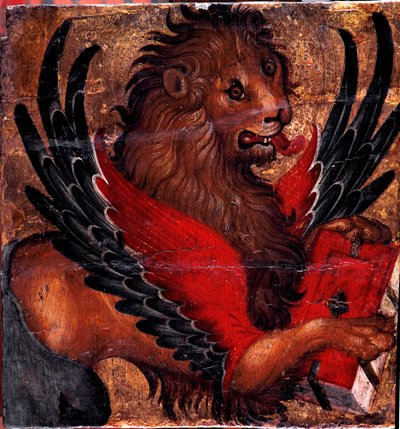 Representasjon av Løven av St. Mark. Maleri på tre av venetiansk kunstner. 1400-tallets søn. 34x34 cm Venezia, Museo Correr av Italian School