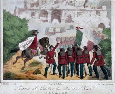 Risorgimento, Romersk republikk (Repubblica romana): soldatene fra hæren til Giuseppe Garibaldi, på hesteryggen, prøver å gjenerobre villaen til Quattro Venti i Roma 03.06.1849. Litografi Roma nasjonalmuseum for Risorgimento av Italian School