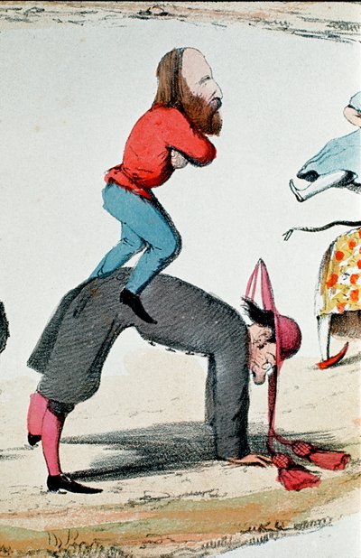 Risorgimento: satirisk tegning som skildrer heltene til Risorgimento Giuseppe Garibalidi (1807-1882) som regulerer det romerske spørsmålet, politisk kontrovers om Romas rolle, sete for pavens timelige makt og hovedstaden i det nye riket av Italian School