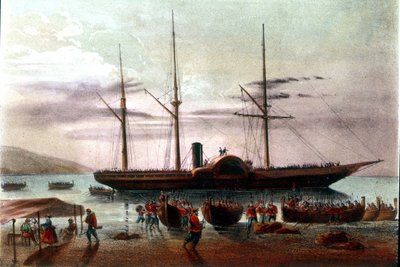 Risorgimento: avgang 8/08/1860 til Giuseppe Missori, offiser for hæren til Giuseppe Garibaldi (1807-1882), i detroit av Messina mot fortet Villa San Giovanni. Illustrasjon av 1800-tallet av Italian School