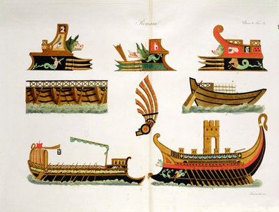 Romerske skip med detaljer om galionsfigurer, plate 23, klasse 5 fra del I av The History of the Nations, gravert av Simonetti (akvatint) av Italian School