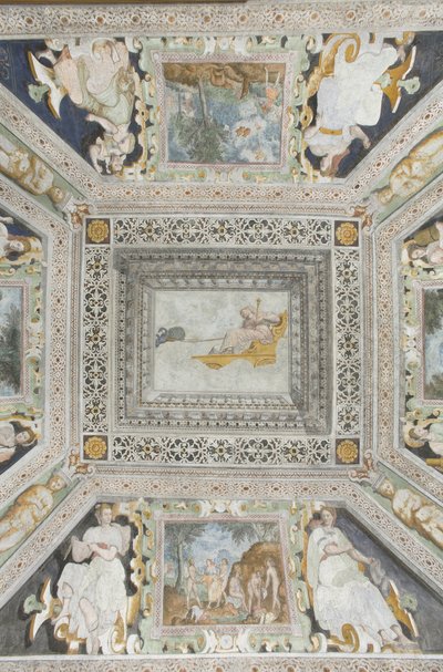 Room of Juno: Juno på en vogn trukket av to påfugler som ser på ektemannens svik av Italian School