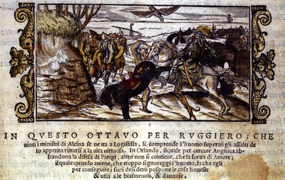 Ruggiero lykkes med å rømme fra øya Alcina, og redder senere Angelica fra orken - Scene for det ridderlige diktet "Orlando Furioso" av Ludovico Ariosto av Italian School
