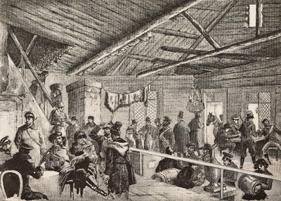 Russiske soldater i taverna nær Warszawa festningsverk, Polen, gravering fra skisse av Fritzmann, fra L'Illustration Italiana, nr. 5, 3. februar av Italian School