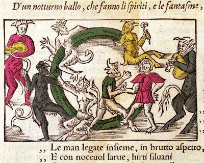 Sabbatsseremoni med hekser. Gravering av Olaus Magnus (1490 - 1557), svensk religiøs og geograf, "History of the Northern Nation", Venezia av Italian School