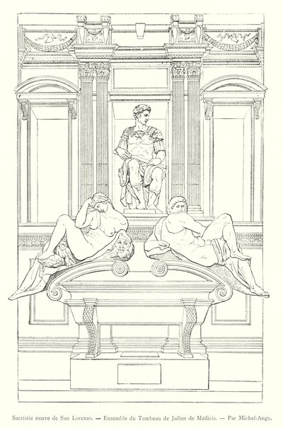Det nye sakristiet i San Lorenzo, Ensemble of the Tomb of Giuliano de Medici, av Michelangelo (gravering) av Italian School