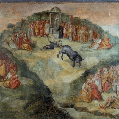 Den hellige Hippolytus kaster det tonelige gitt til ham av Pontifex Battistellus for å ofre til Jupiter, detalj av maleriet av Martyrdommen til Saint Hippolytus og hans følgesvenner av Italian School