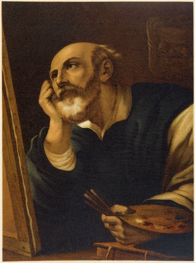 Saint Luke som maler i "Golden classical Bible: History of divine openbaring in the old and in the new striving" "av Giovanni Ladislao Sykora (vol. 2), oversatt av Don Clemente Benetti. (italiensk bibel) av Italian School