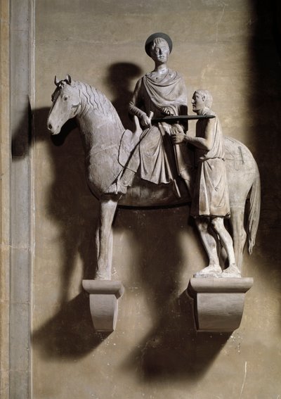 Saint Martin en hest som deler frakken sin med en tigger. Skulptur av Italian School