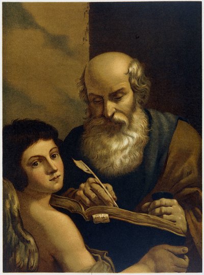 Saint Mathieu Writing and an Angel - i "Golden classic Bible: history of divine openbaring in the old and in the new striving" "av Giovanni Ladislao Sykora (vol. 2), oversatt av Don Clemente Benetti. (italiensk bibel) av Italian School