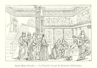 Santa Maria Novella, La Nativite, fresque de Domenico Ghirlandaio (gravering) av Italian School