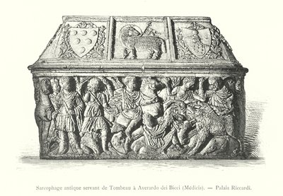 Gammel sarkofag som tjener som graven til Averardo dei Bicci, Medicis, Riccardi-palasset (gravering) av Italian School