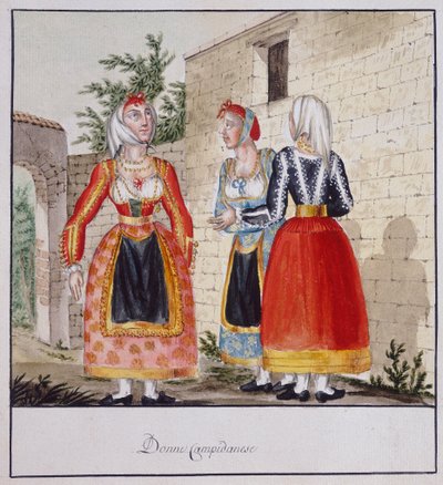 Sardinske kvinner i kostymer fra Campidano, trykt ms.258, Luzzetti Collection av Italian School