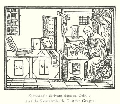 Savonarola skriver i sin celle, fra Savonarola av Gustave Gruyer (gravering) av Italian School