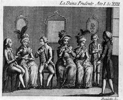 Scene 13 i akt I av tegneserien "" La dama prudente"" (The prudent wife) (1751) av Carlo Goldoni (1707-1793). Gravering fra 1700-tallet av Italian School