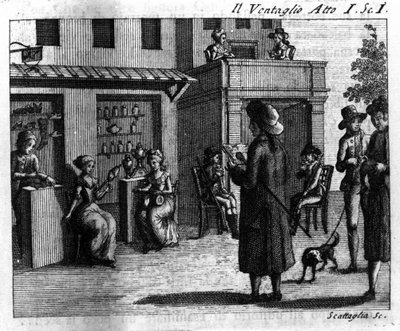 Scene 1 i akt I av tegneserien "" Il ventaglio"" (The eventel) (1764) av Carlo Goldoni (1707-1793). Gravering fra 1700-tallet av Italian School