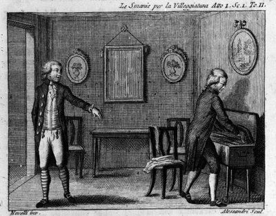 Scene 1 i akt I av tegneserien "" Le smania per la villeggiatura"" (La ville) (1761) av Carlo Goldoni (1707-1793). Gravering fra 1700-tallet. av Italian School