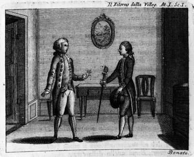 Scene 1 i akt I av tegneserien "" Ritorno della villeggiatura"" (byens retur) (1761) av Carlo Goldoni (1707-1793). Gravering fra 1700-tallet av Italian School