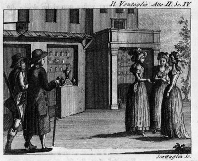 Scene 4 i akt II av tegneserien "" Il ventaglio"" (The eventel) (1764) av Carlo Goldoni (1707-1793). Gravering fra 1700-tallet av Italian School