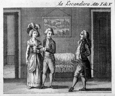 Scene 5 i akt I av stykket "La locandiera"" (1753) av Carlo Goldoni (1707-1793). Gravering fra 1700-tallet av Italian School