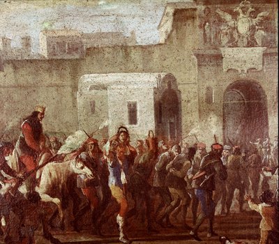 Scene for straff av tyver på Masaniellos tid (Straff for tyvene på Masaniellos tid) Detalj av et maleri rundt 1640-1650 Napoli, Museo Nazionale di San Martino av Italian School
