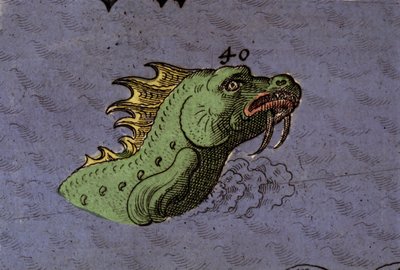 Sjømonster: representasjon av en sjøslange. Detalj av et kart over Atlas of Urbano Monte av Italian School