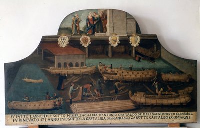 Skipsbygging: båter bygget i 1517 og renovert i 1753. av Italian School
