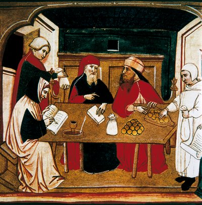 Signatur for en transaksjon, en notarius registrerer handlingen og en bankmann teller myntene. av Italian School