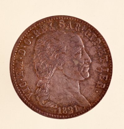 Italiensk sølvmynt (ecu) fra Sardinia-riket: regjering av Vittorio Emanuele I (Victor Emmanuel I) (1759-1824). 1821. Diam. 3,8 cm Napoli, museo archeologico av Italian School