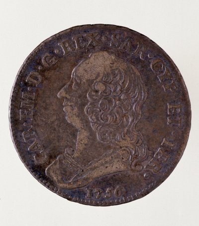 Italiensk sølvmynt (halv ecu) fra kongeriket Sardinia: Reign of Carlo Emmanuel III of Savoy (1701-1773). 1756. Diameter. 3,7 cm Napoli, arkeologisk museum av Italian School