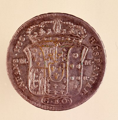 Sølv piastra fra Napoli: Reign of Charles III of Spain (1716-1788). 1750. Diameter. 4 cm Napoli, arkeologisk museum av Italian School