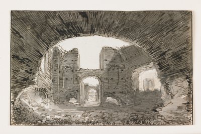 Sketch of the Baths of Caracalla, tidlig på 1800-tallet (penn og brunt blekk med grå vask over svart kritt) av Italian School